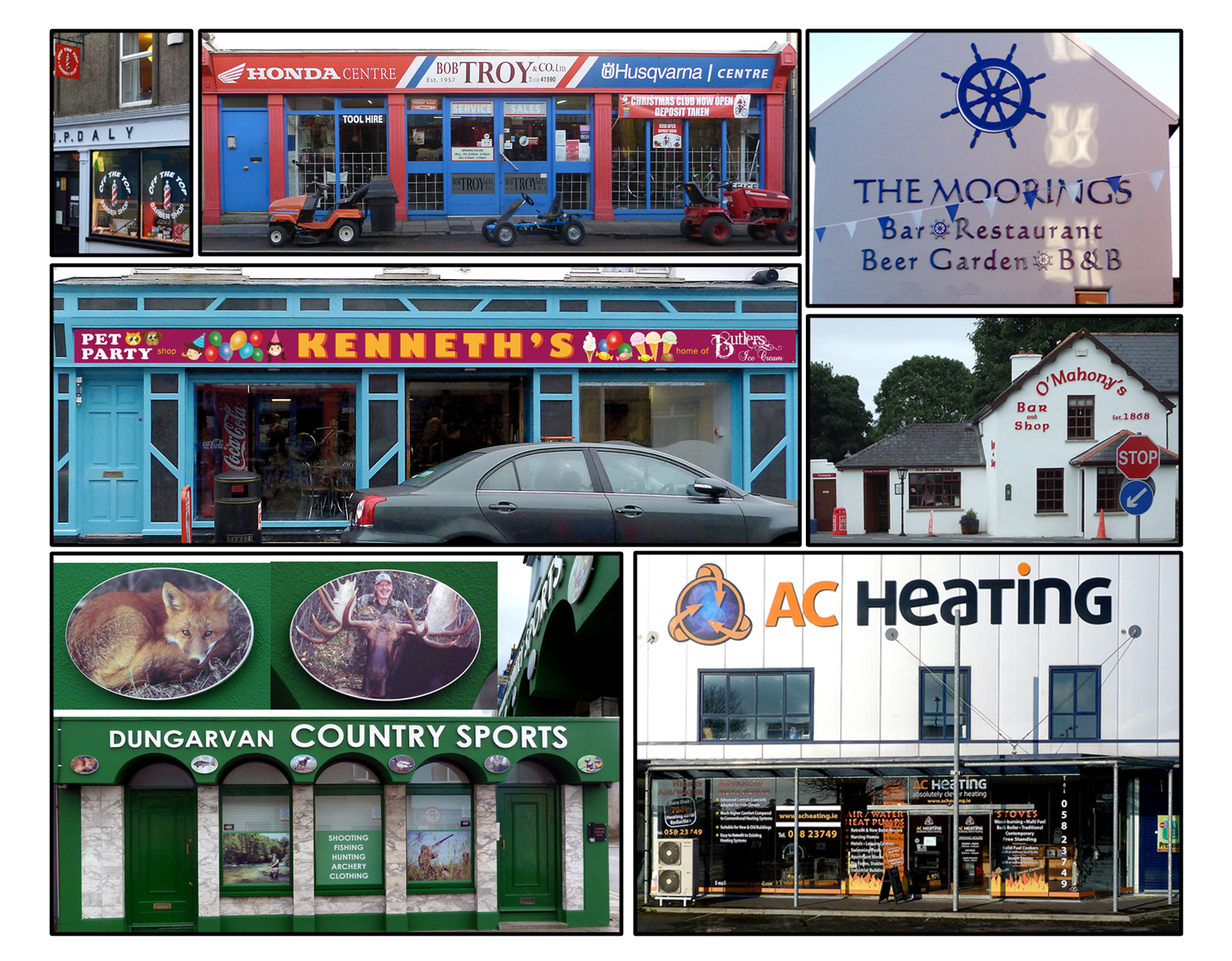 Shop fronts, raised letters and shapes