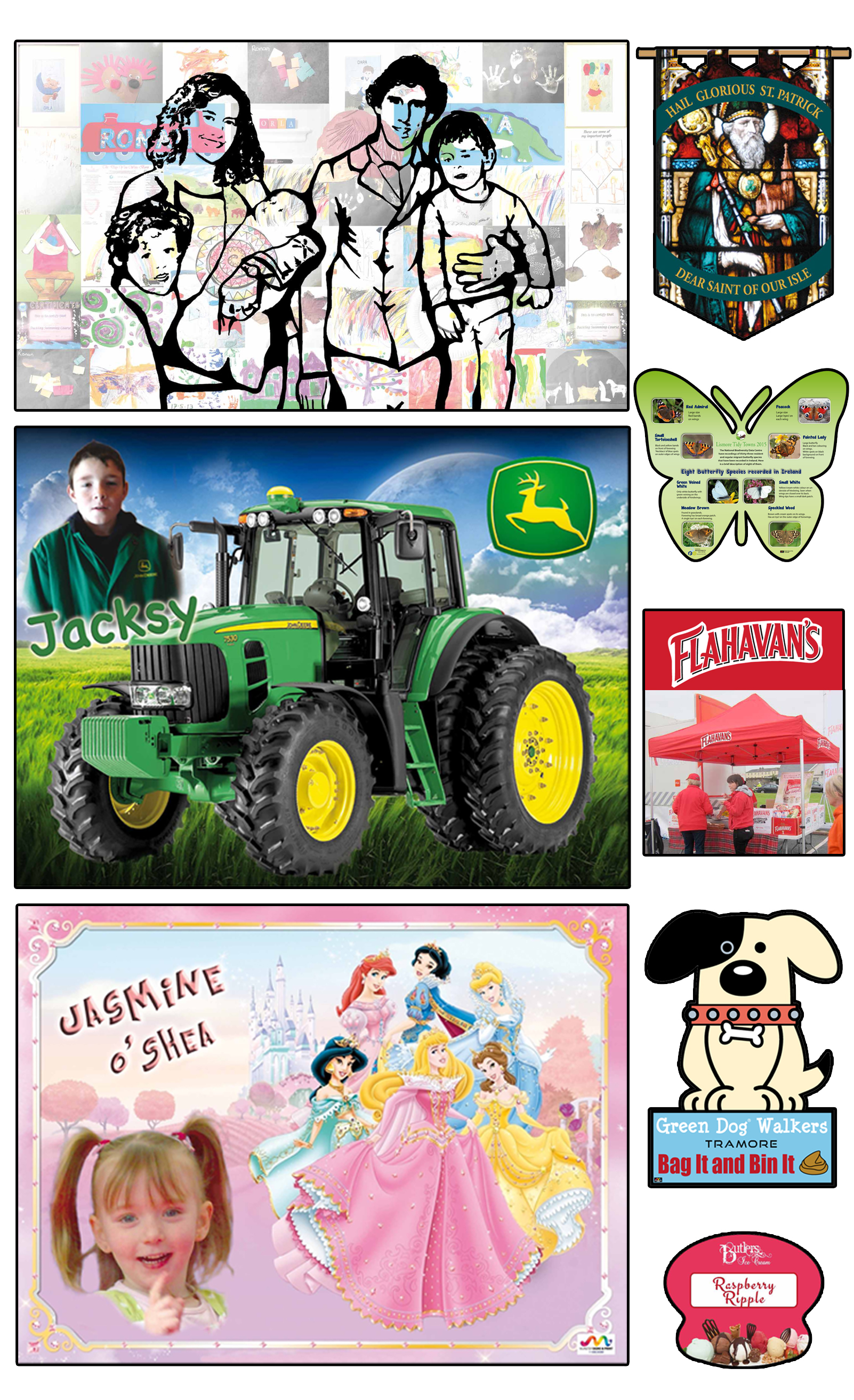 Photomontages, shaped signs, flags and banners